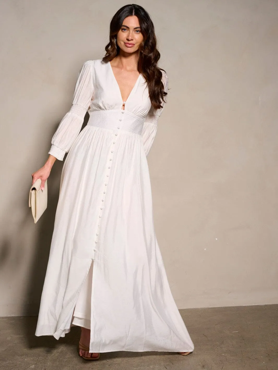 WOMEN'S 3/4 SLEEVE V-NECK BUTTON UP MAXI DRESS