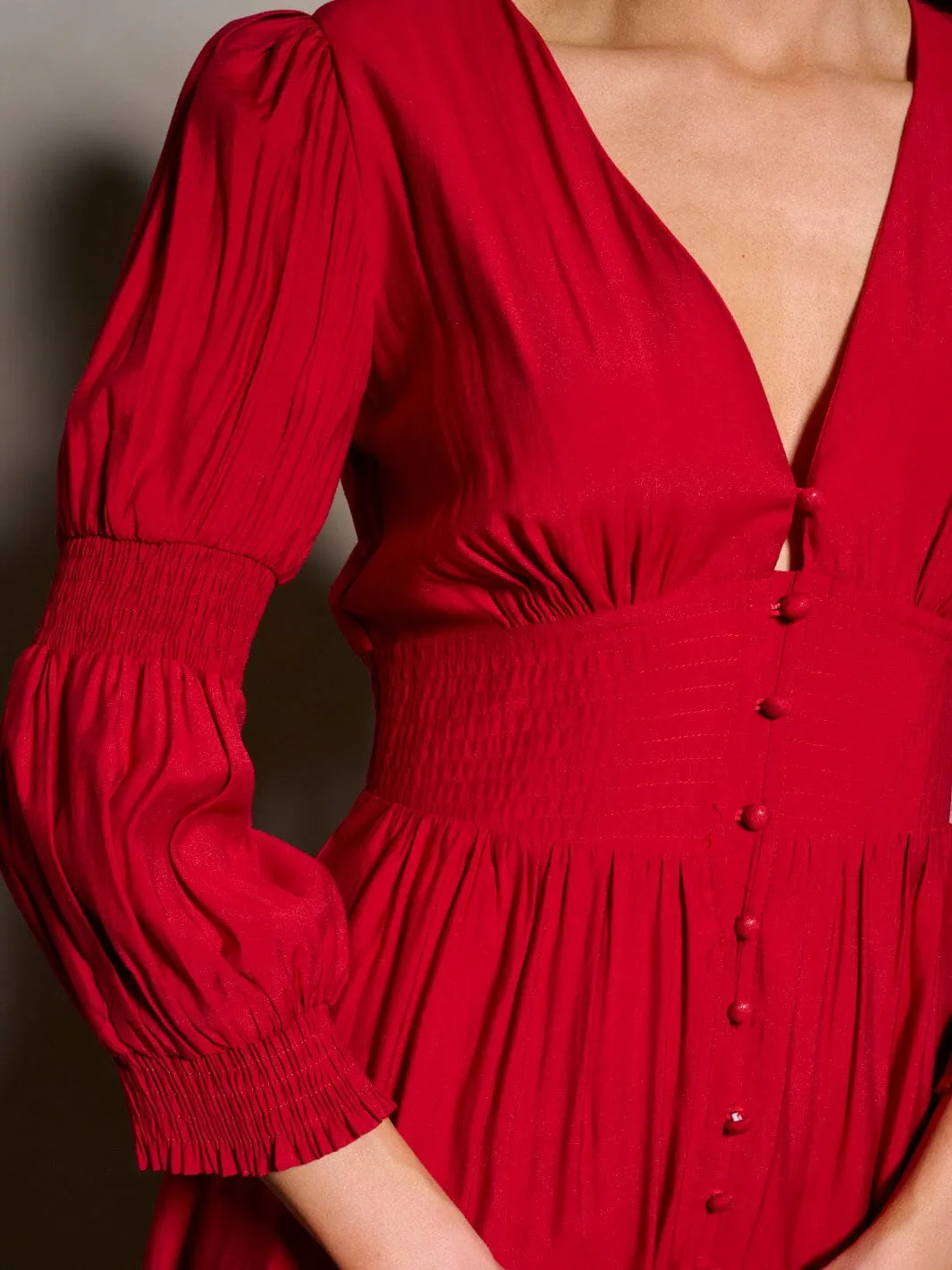 WOMEN'S 3/4 SLEEVE V-NECK BUTTON UP MAXI DRESS