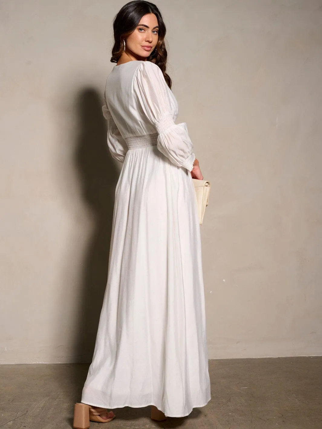 WOMEN'S 3/4 SLEEVE V-NECK BUTTON UP MAXI DRESS