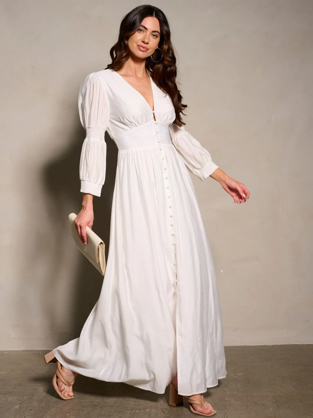 WOMEN'S 3/4 SLEEVE V-NECK BUTTON UP MAXI DRESS
