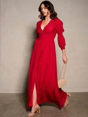 WOMEN'S 3/4 SLEEVE V-NECK BUTTON UP MAXI DRESS