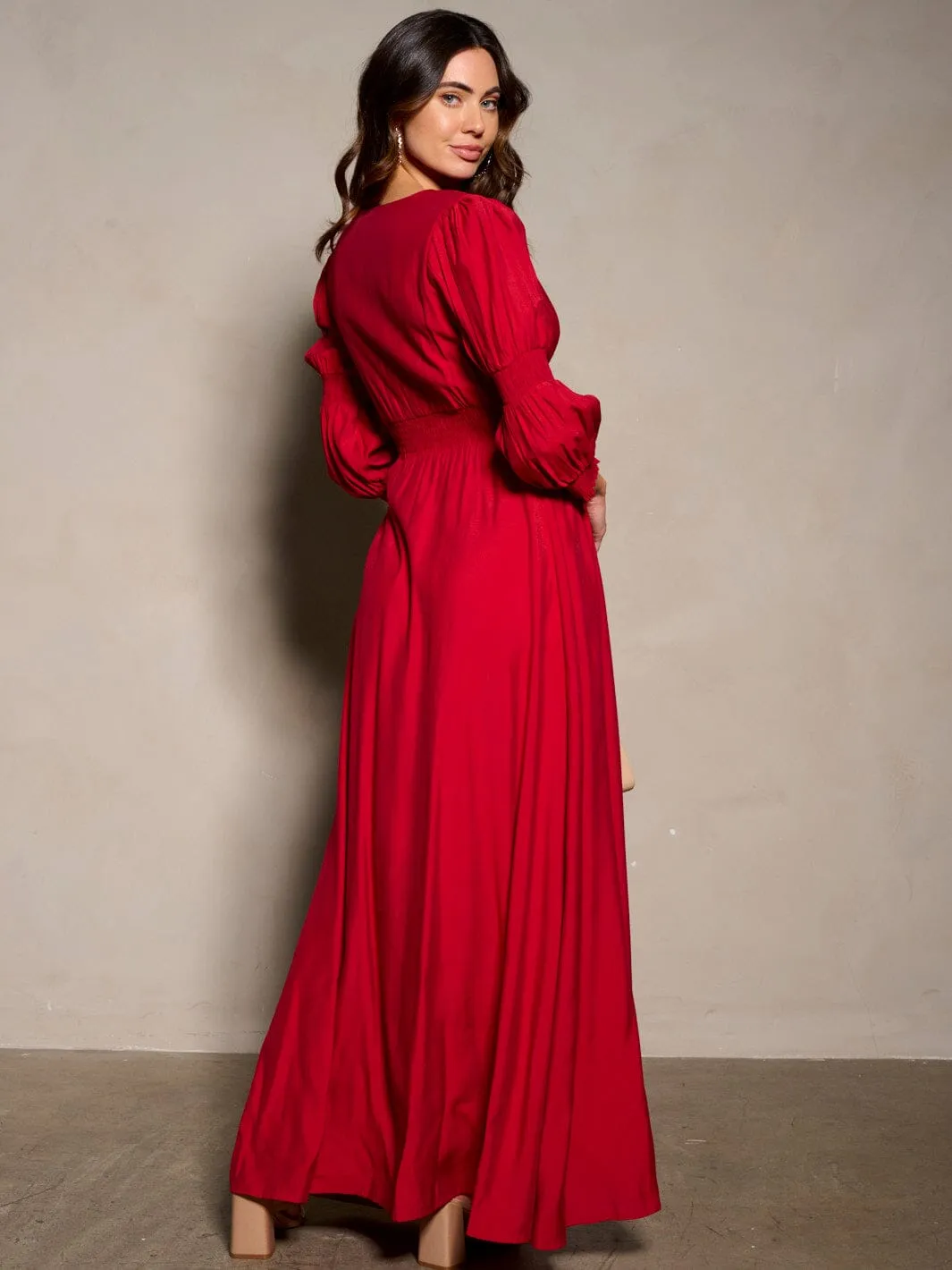 WOMEN'S 3/4 SLEEVE V-NECK BUTTON UP MAXI DRESS