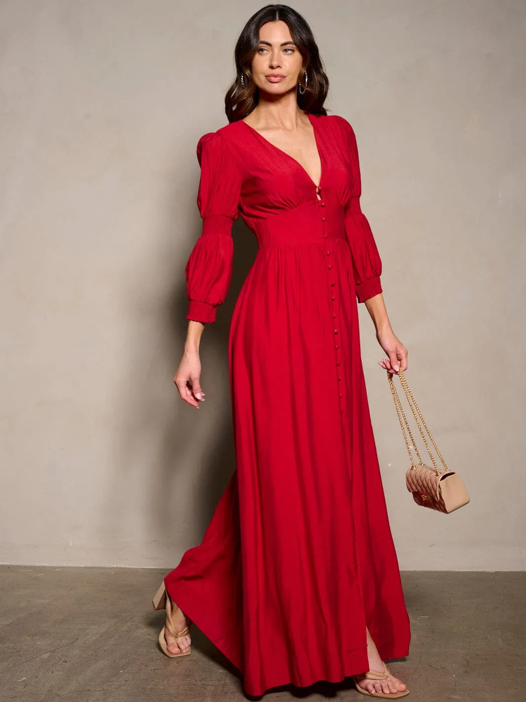 WOMEN'S 3/4 SLEEVE V-NECK BUTTON UP MAXI DRESS