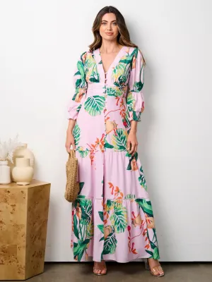 WOMEN'S 3/4 SLEEVES V-NECK TIERED FLORAL MAXI DRESS