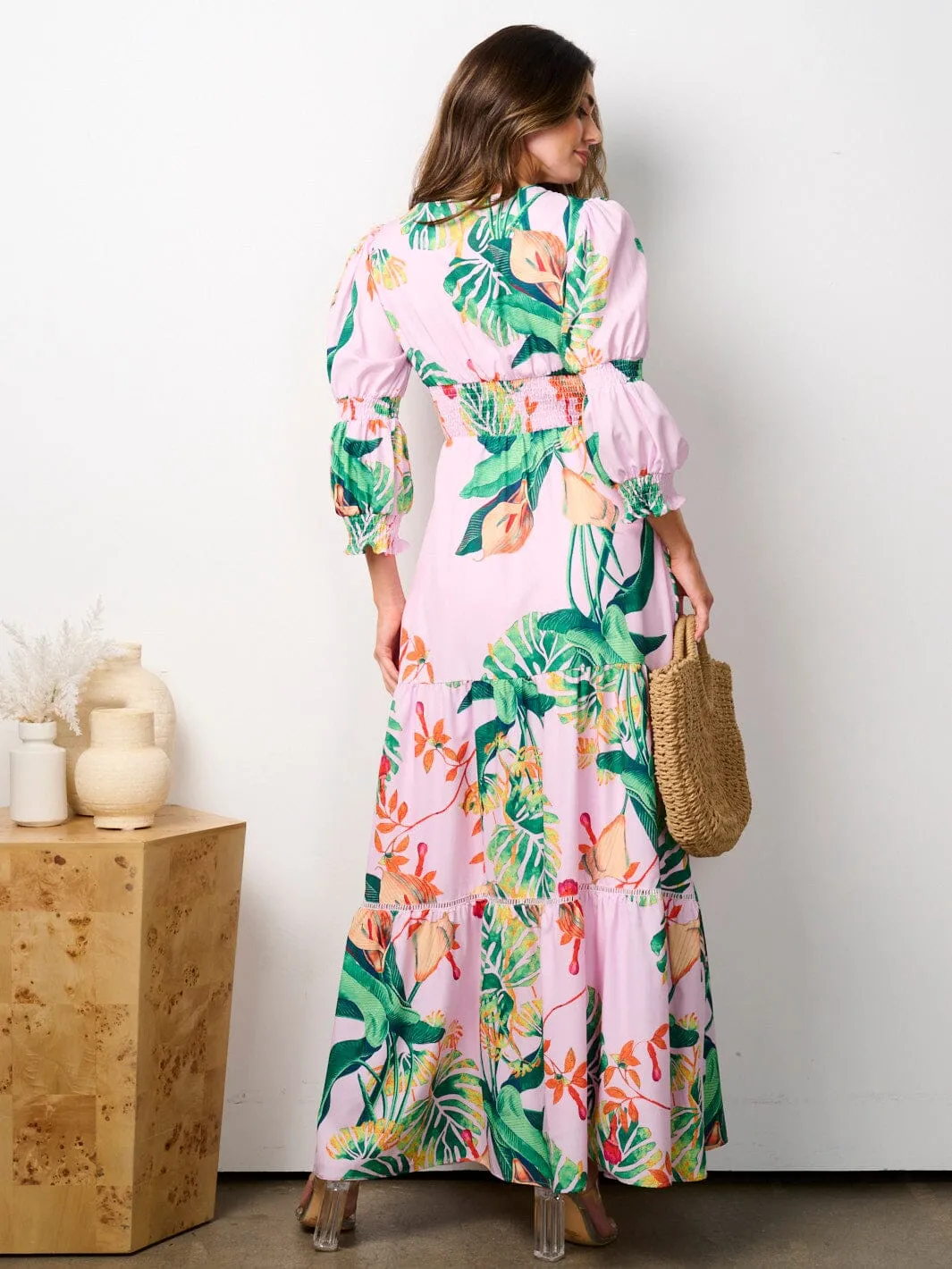 WOMEN'S 3/4 SLEEVES V-NECK TIERED FLORAL MAXI DRESS