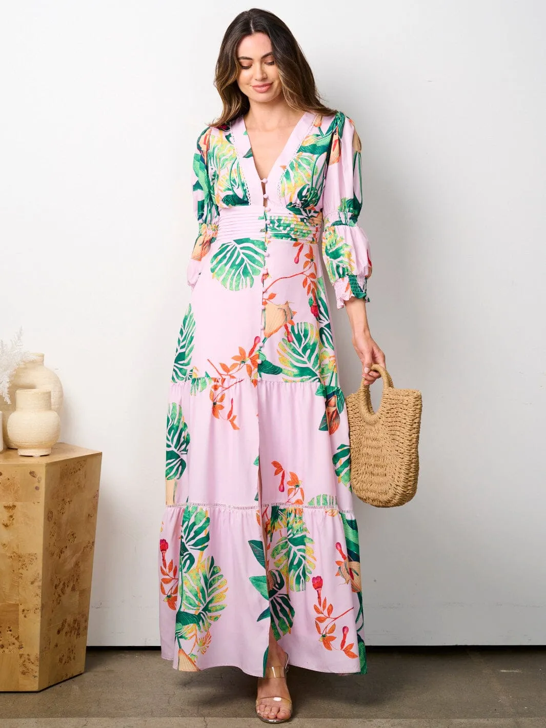 WOMEN'S 3/4 SLEEVES V-NECK TIERED FLORAL MAXI DRESS