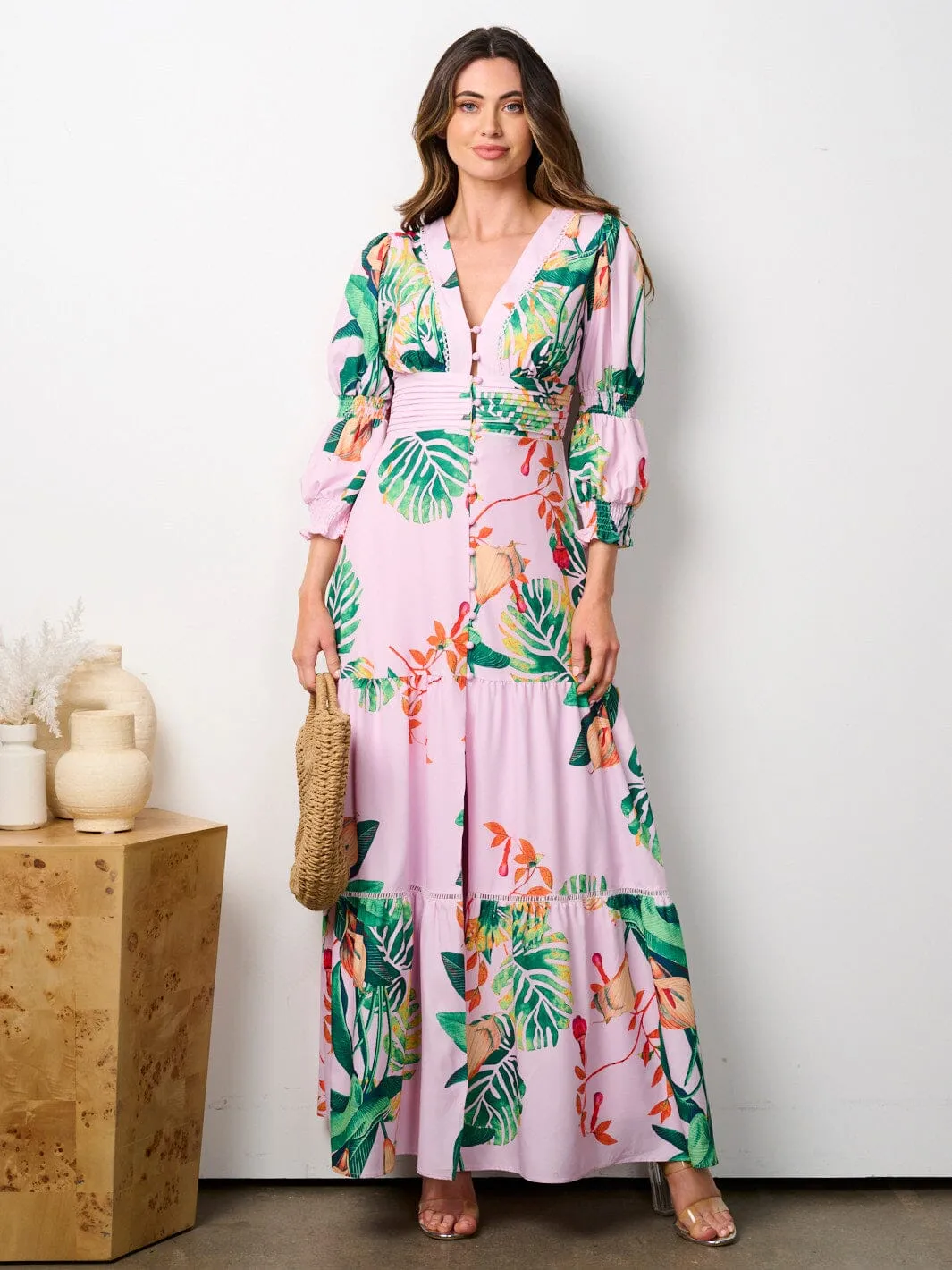 WOMEN'S 3/4 SLEEVES V-NECK TIERED FLORAL MAXI DRESS