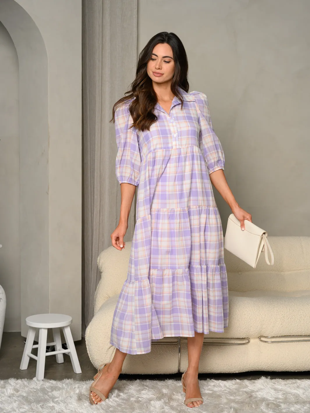 WOMEN'S 3/4" PUFF SLEEVE BUTTON UP PLAID MIDI DRESS