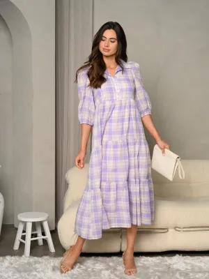 WOMEN'S 3/4" PUFF SLEEVE BUTTON UP PLAID MIDI DRESS