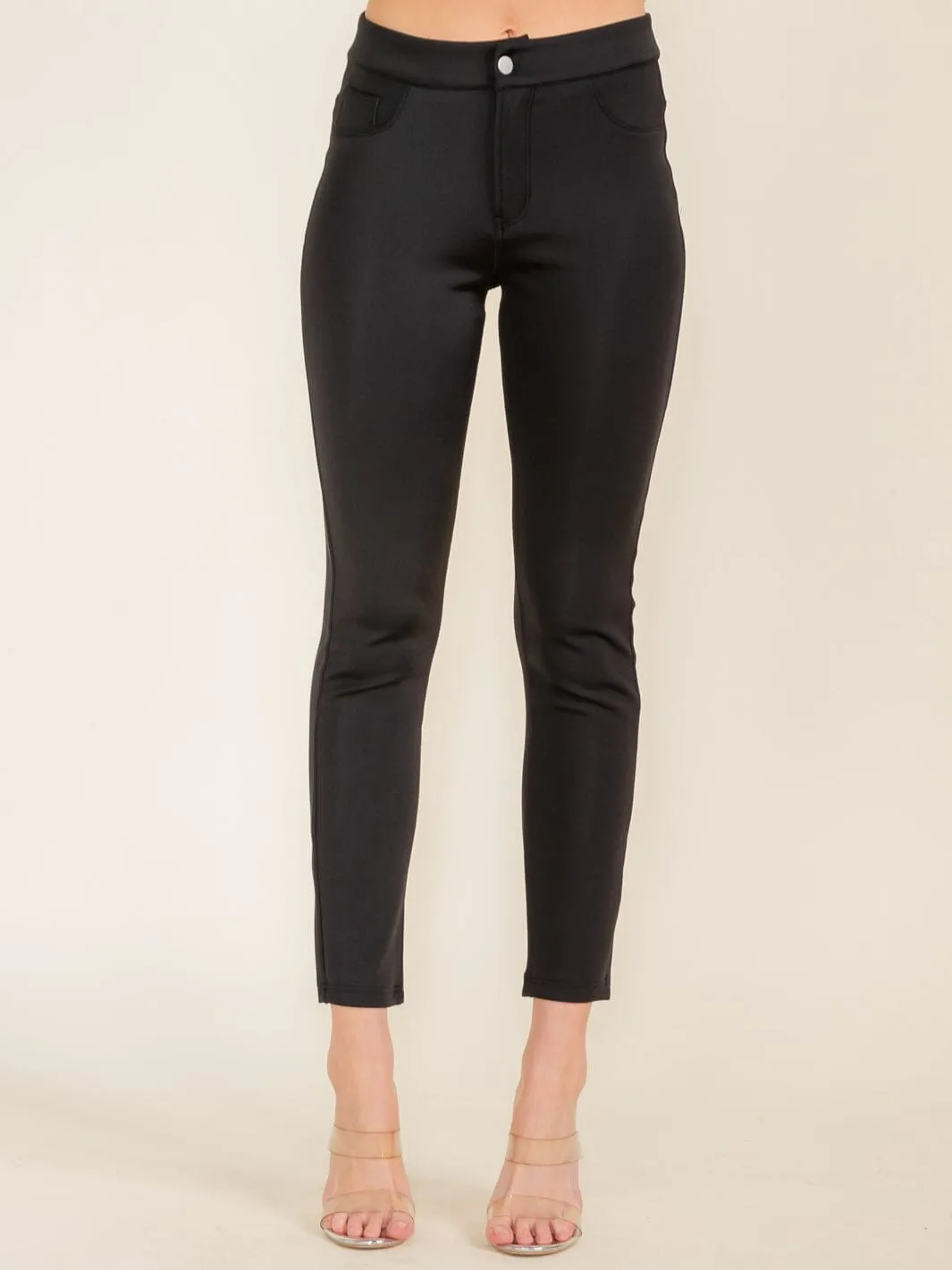 WOMEN'S BUTTON CLOSURE BACK POCKETS SKINNY PANTS