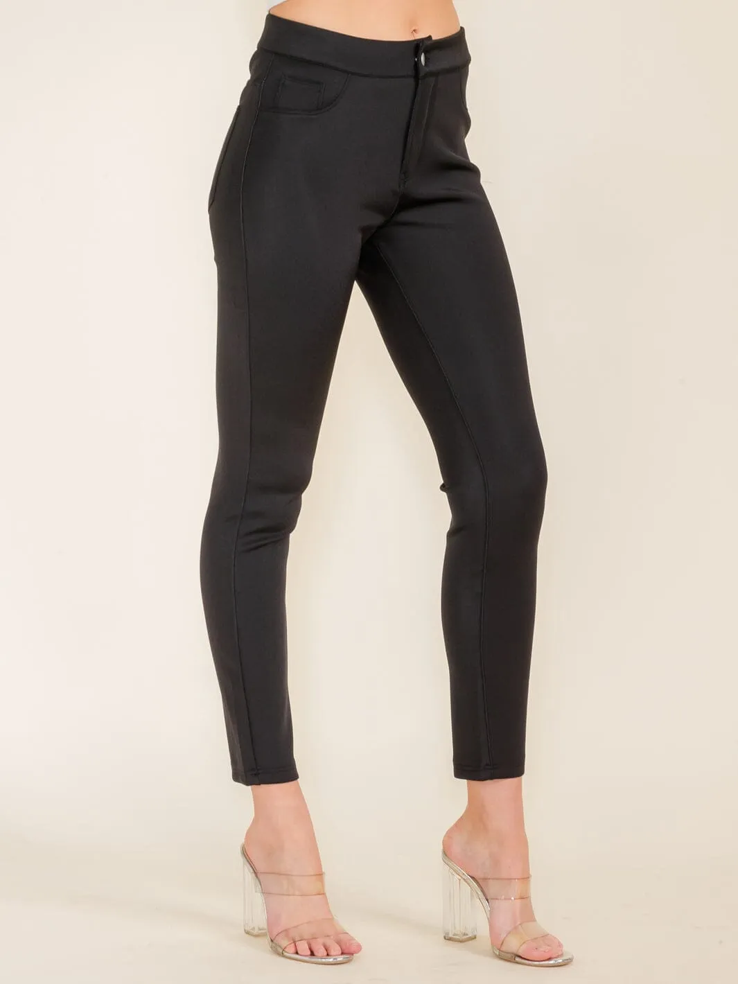 WOMEN'S BUTTON CLOSURE BACK POCKETS SKINNY PANTS