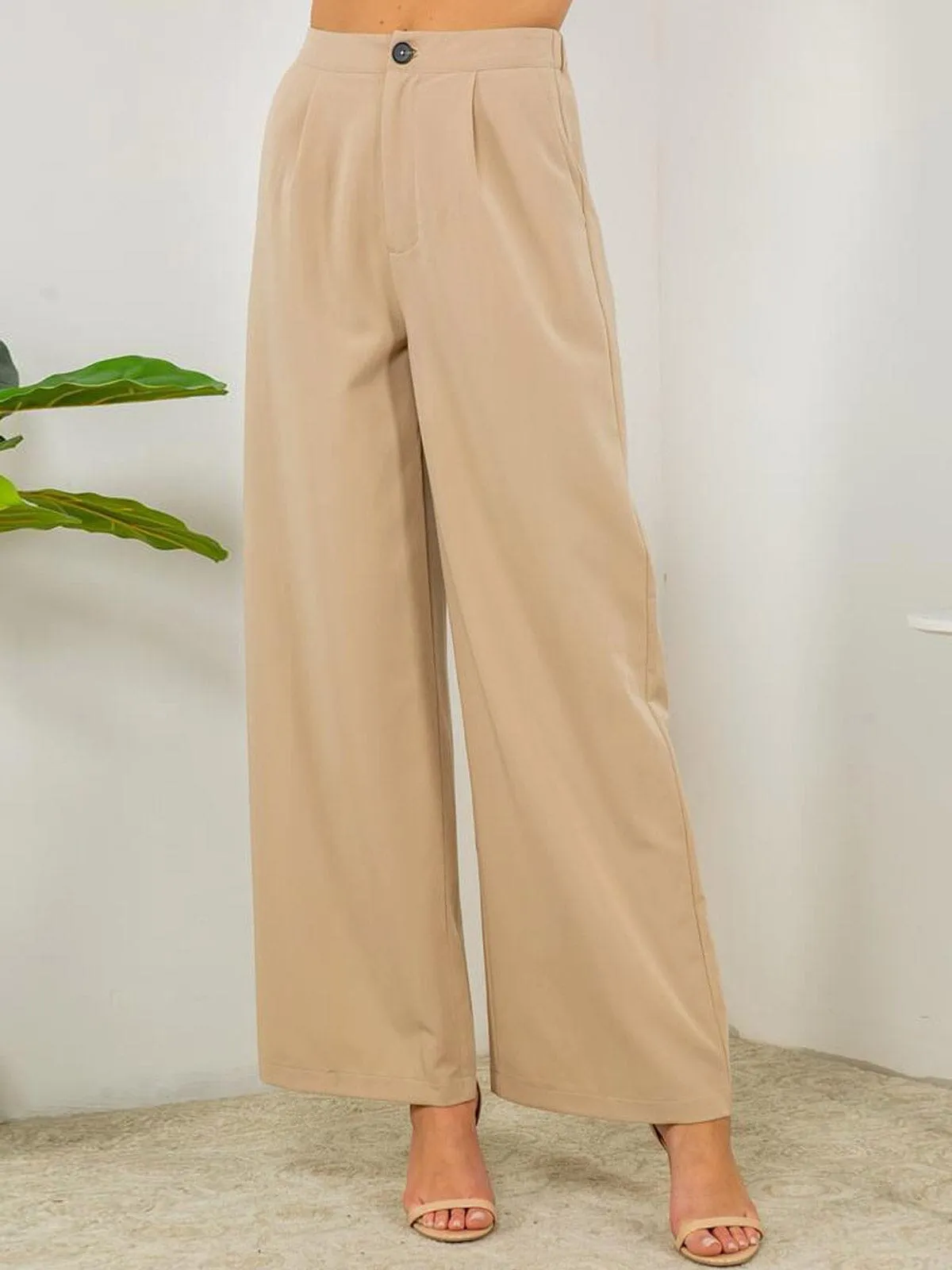 WOMENS BUTTON CLOSURE POCKETS WIDE LEG PANTS