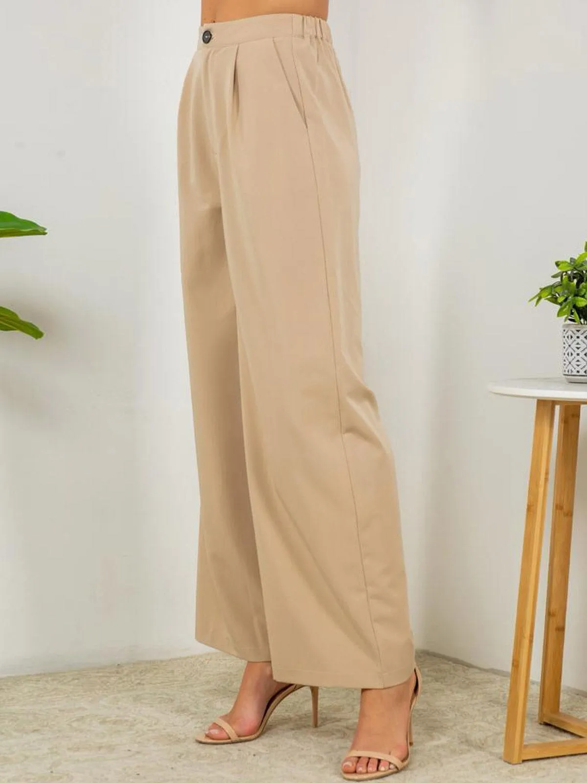 WOMENS BUTTON CLOSURE POCKETS WIDE LEG PANTS