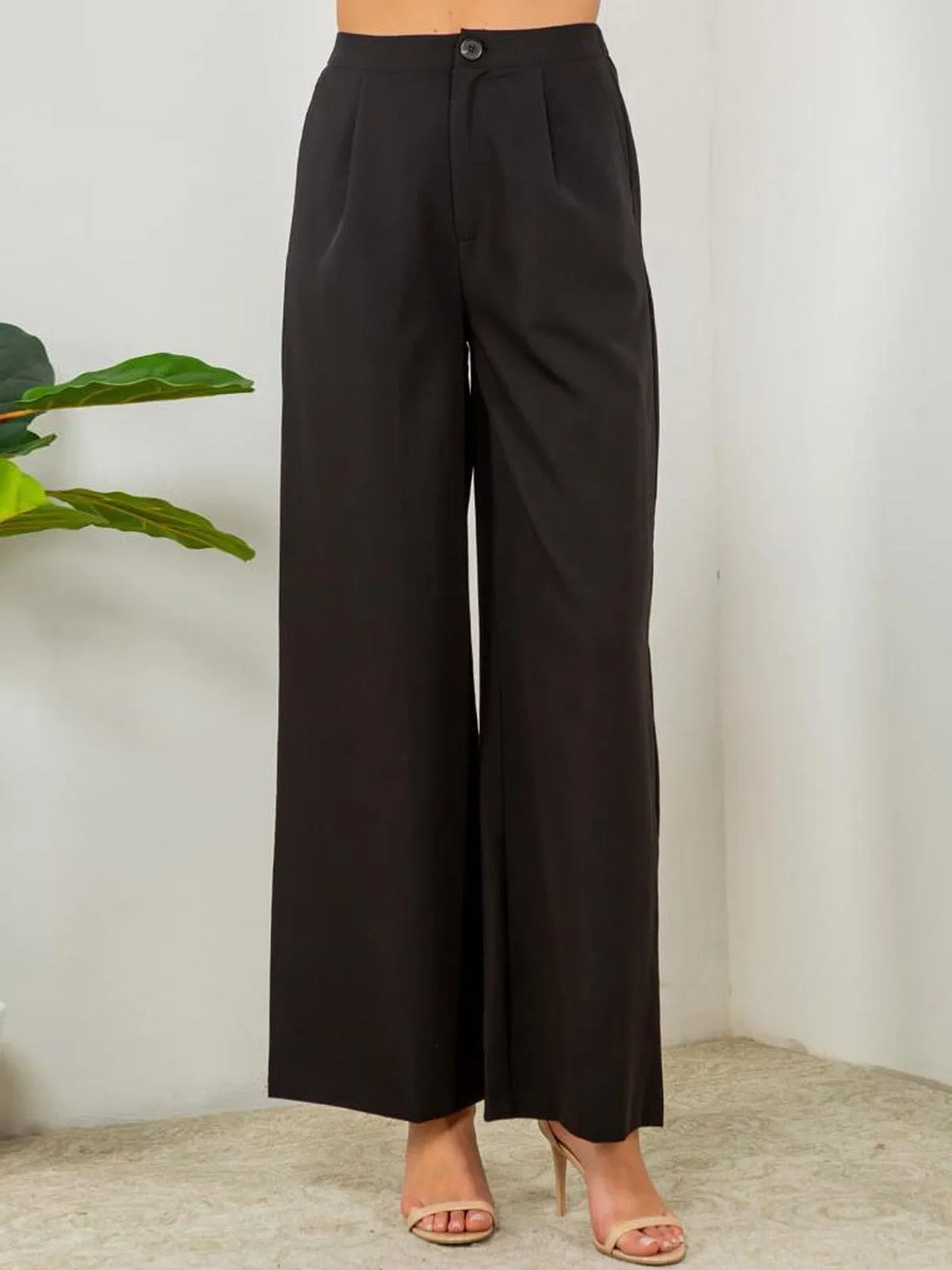 WOMENS BUTTON CLOSURE POCKETS WIDE LEG PANTS