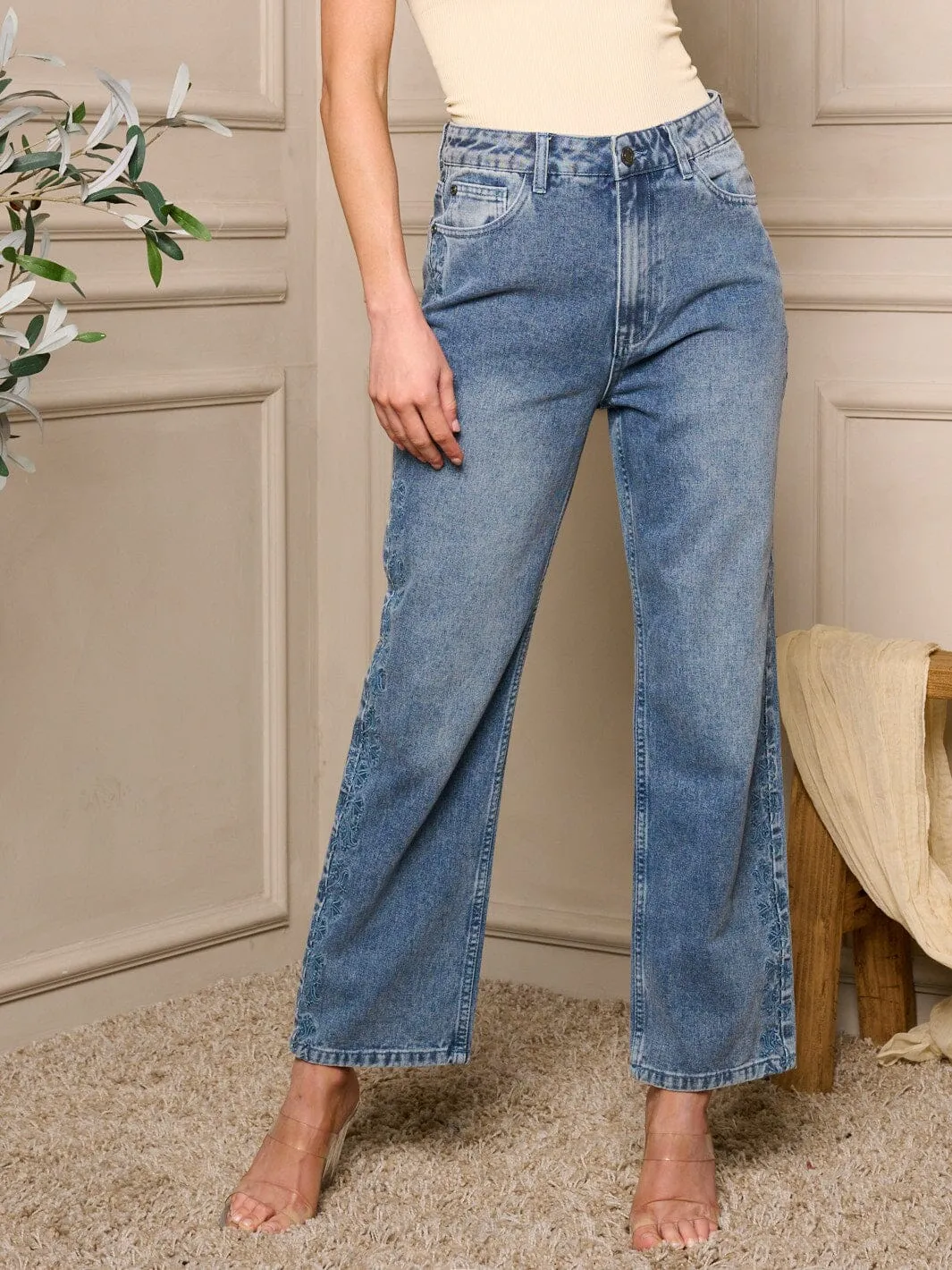 WOMEN'S BUTTON CLOSURE SIDE DETAILED WIDE LEGS PANTS