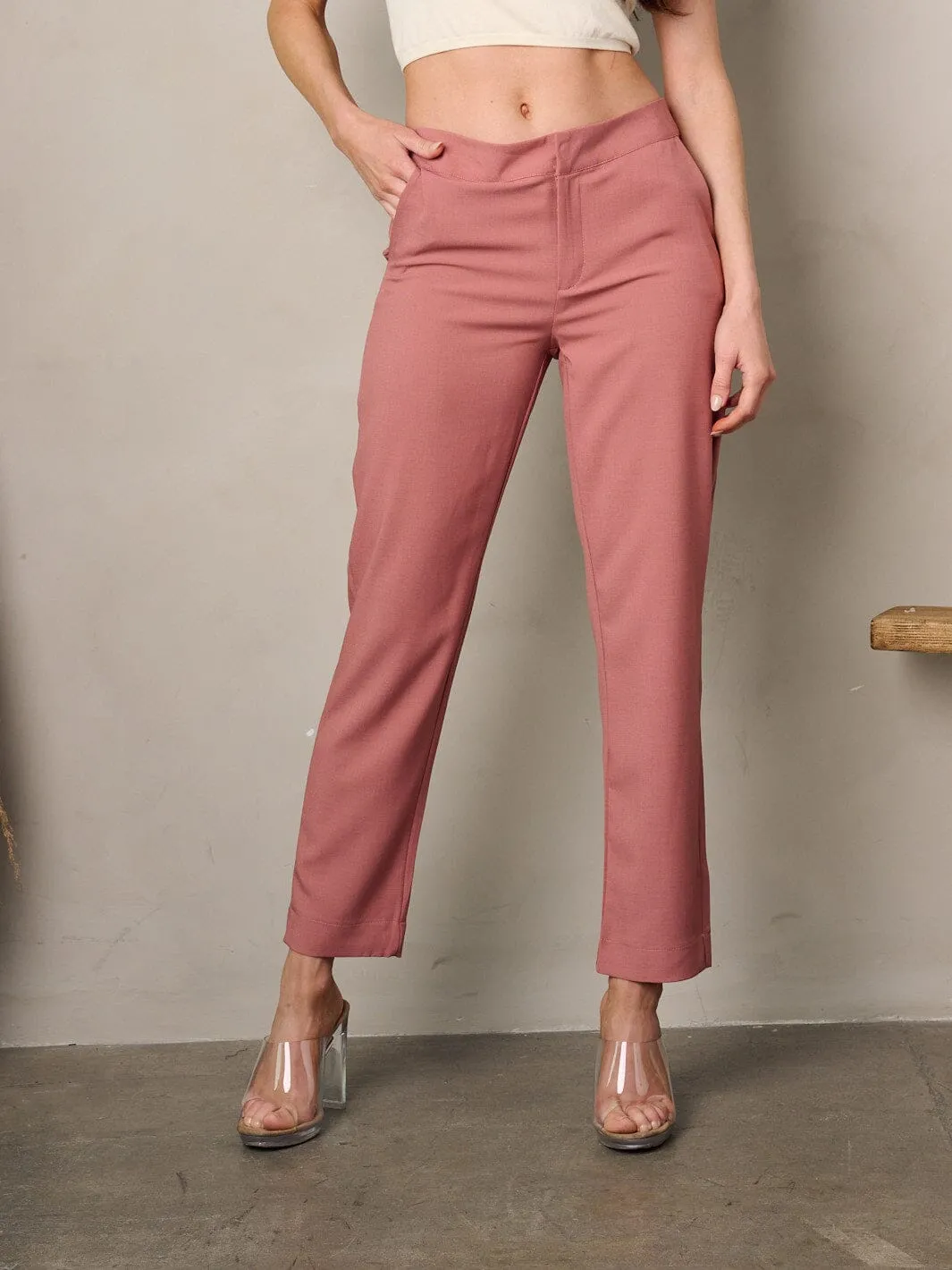 WOMEN'S BUTTON CLOSURE SOLID POCKETS PANTS