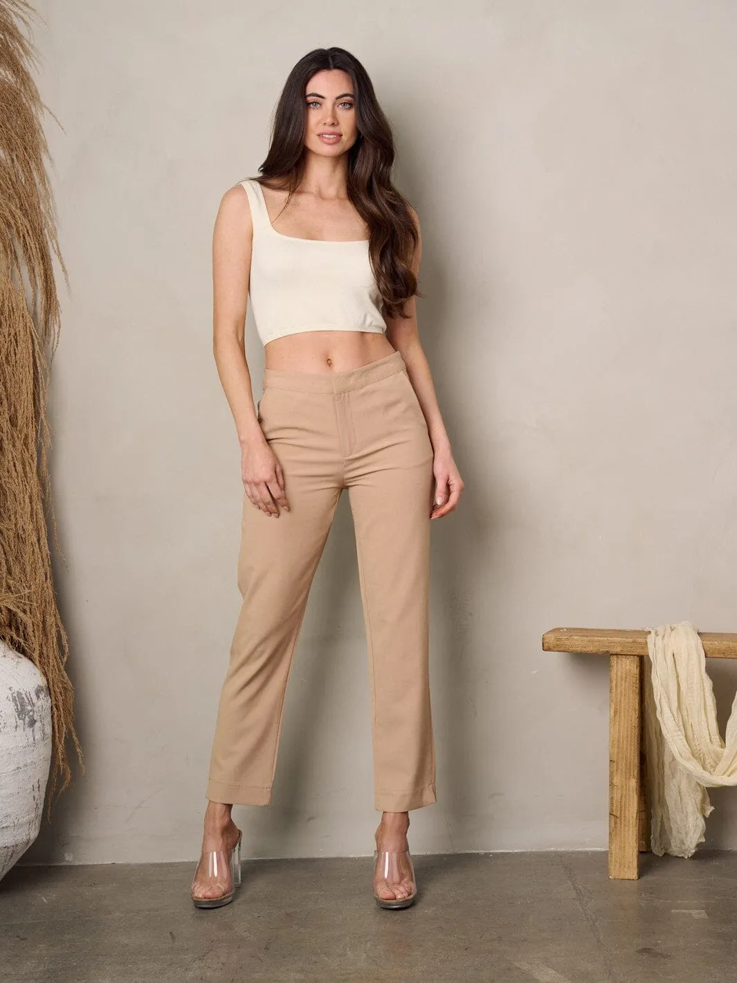 WOMEN'S BUTTON CLOSURE SOLID POCKETS PANTS