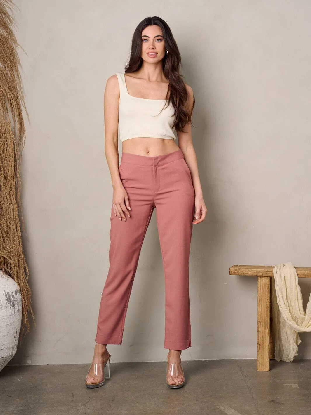 WOMEN'S BUTTON CLOSURE SOLID POCKETS PANTS