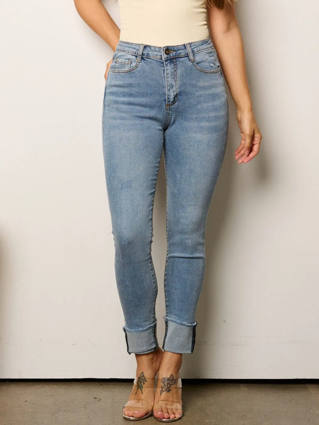 WOMEN'S BUTTON CLOSURE STRETCH DENIM SKINNY JEANS