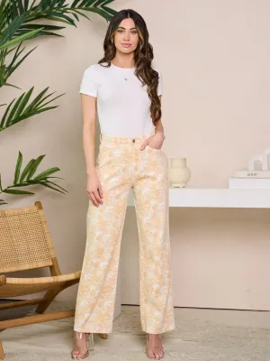 WOMEN'S BUTTON CLOSURE WIDE LEG PRINT DENIM PANTS