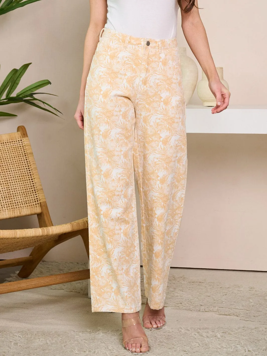 WOMEN'S BUTTON CLOSURE WIDE LEG PRINT DENIM PANTS