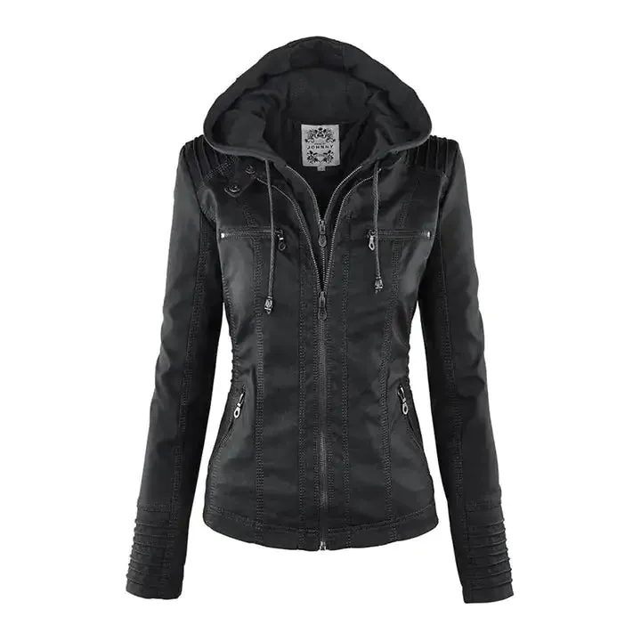 Women's Faux Leather Hooded Jacket