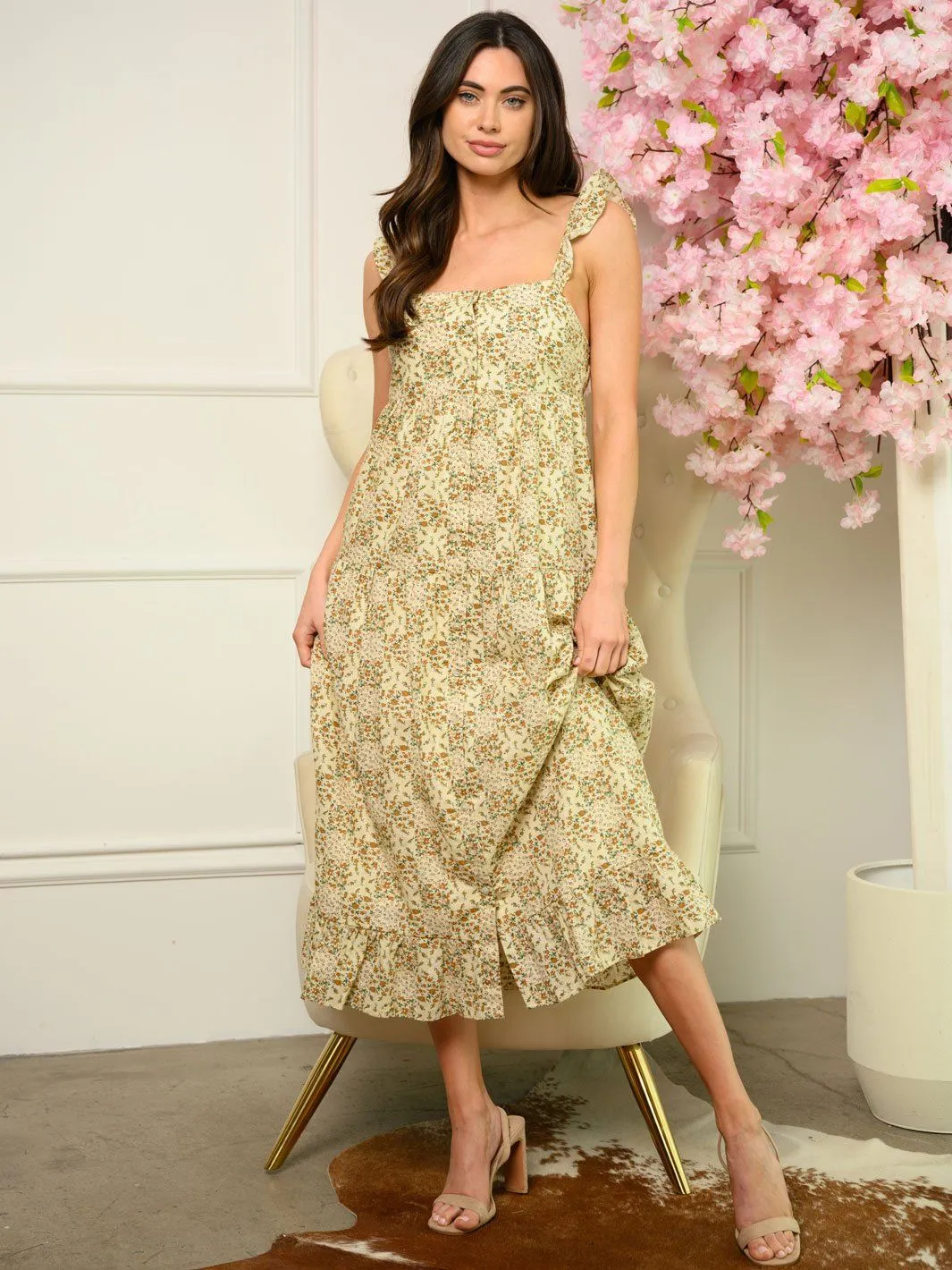 WOMEN'S FLORAL BUTTON CLOSURE MAXI DRESS
