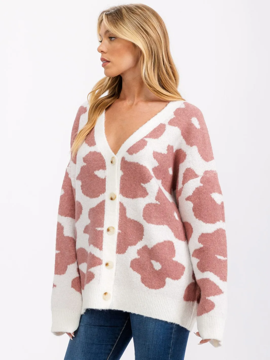 WOMEN'S LONG SLEEVE BUTTON CLOSURE FLOWER CARDIGAN SWEATER