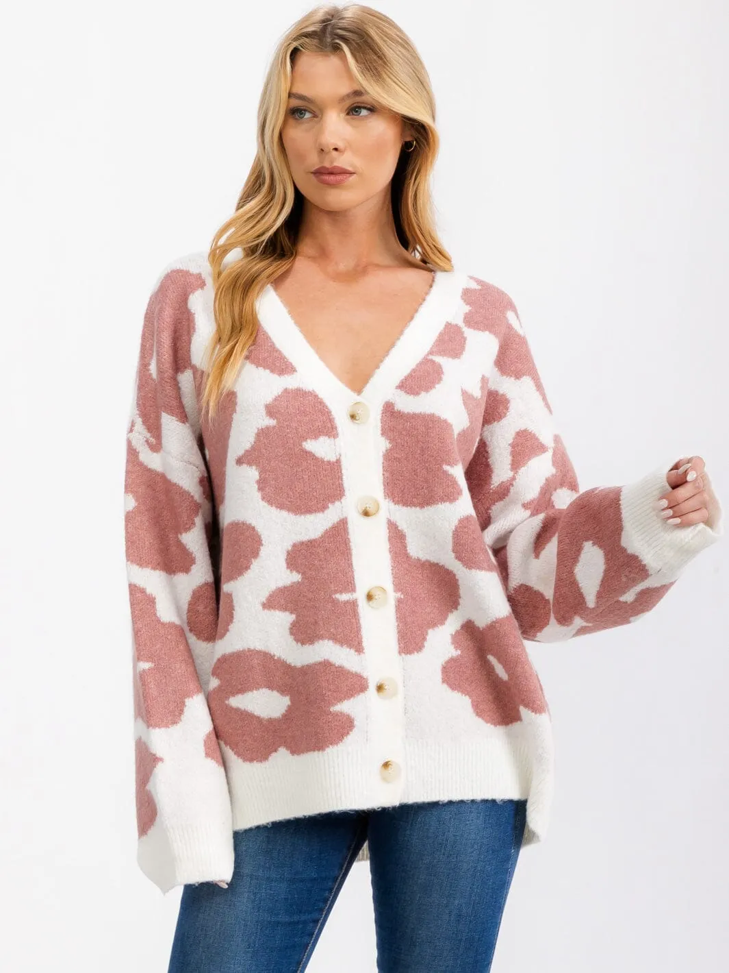 WOMEN'S LONG SLEEVE BUTTON CLOSURE FLOWER CARDIGAN SWEATER