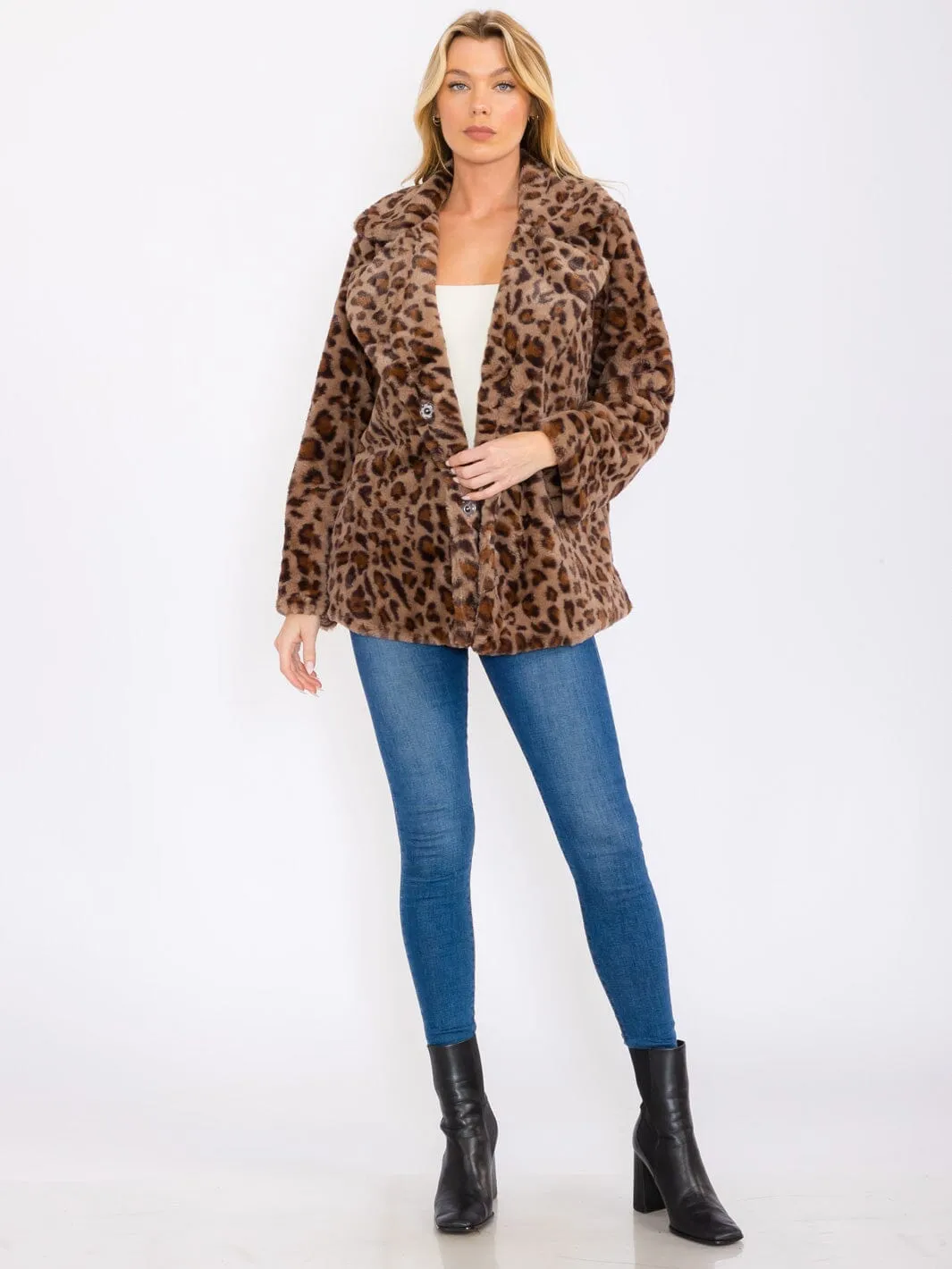 WOMEN'S LONG SLEEVE BUTTON CLOSURE FRONT POCKETS ANIMAL PRINT SHERPA JACKET