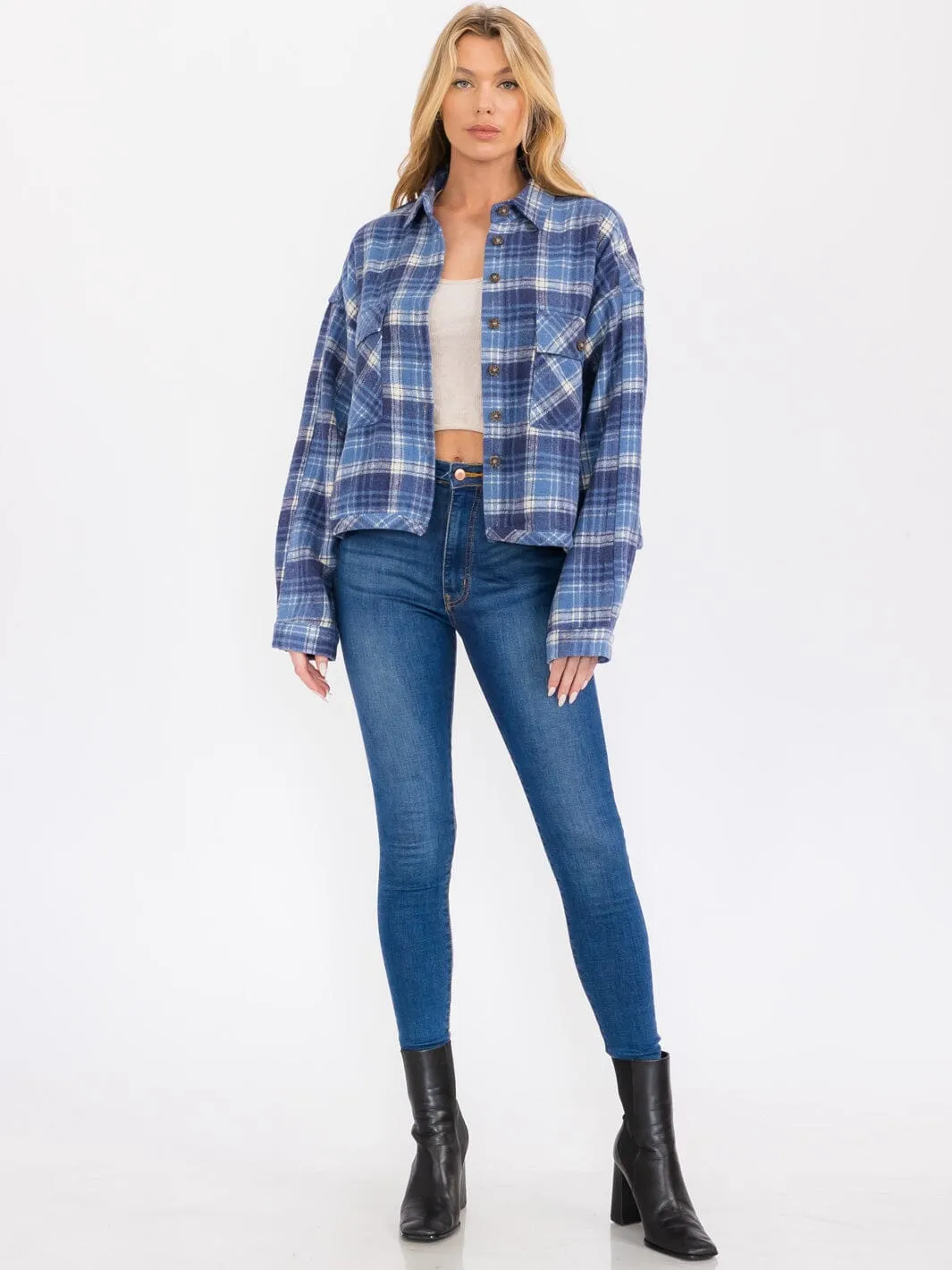 WOMEN'S LONG SLEEVE BUTTON CLOSURE FRONT POCKETS PLAID JACKET