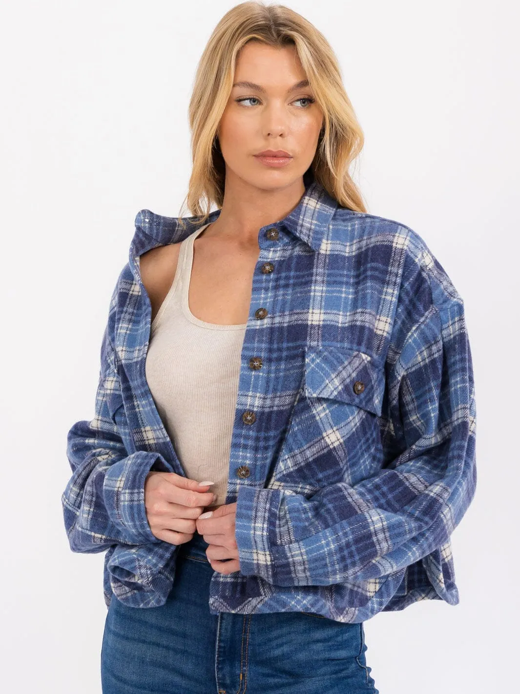 WOMEN'S LONG SLEEVE BUTTON CLOSURE FRONT POCKETS PLAID JACKET