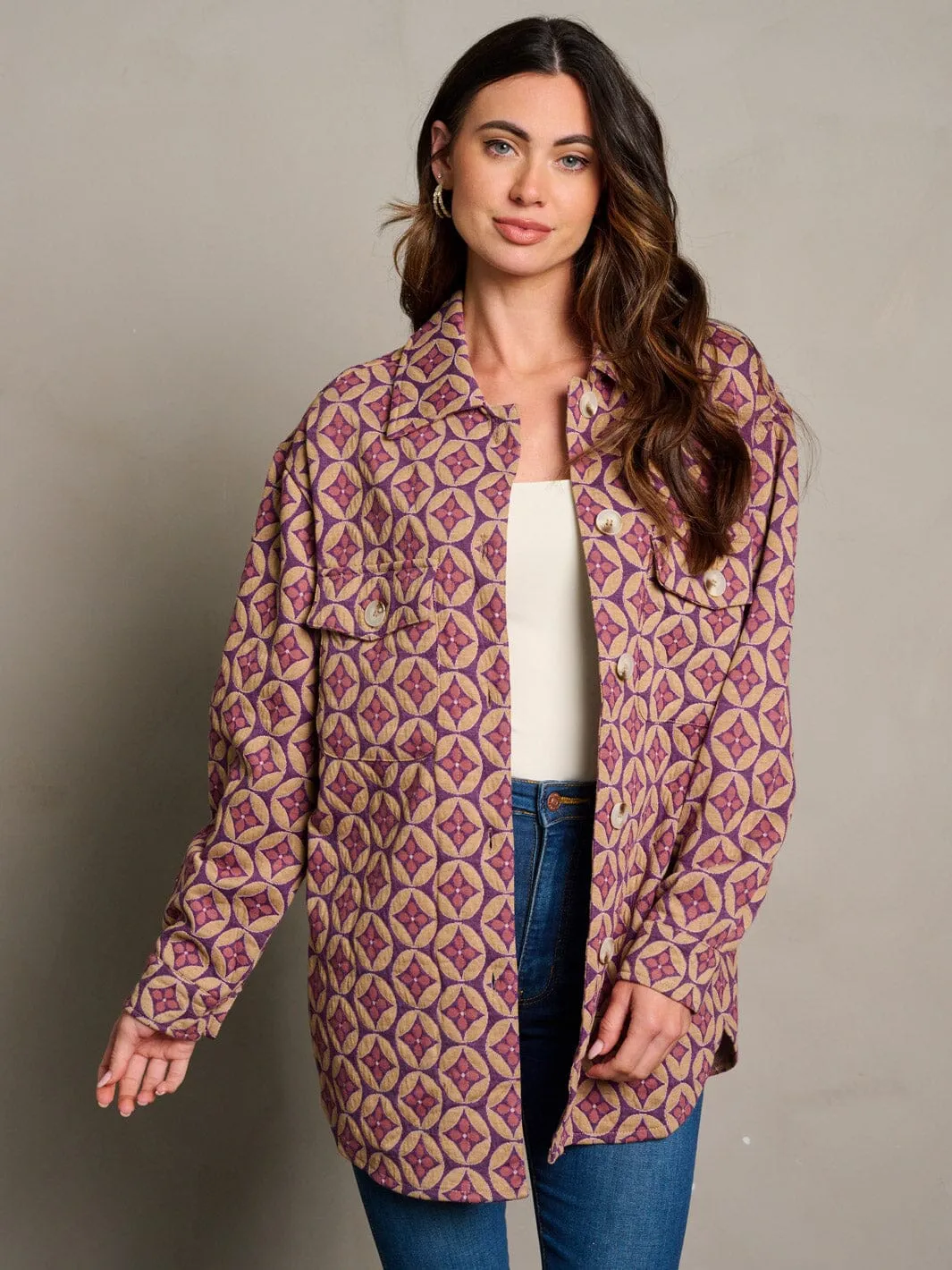 WOMEN'S LONG SLEEVE BUTTON CLOSURE MULTI PRINT JACKET