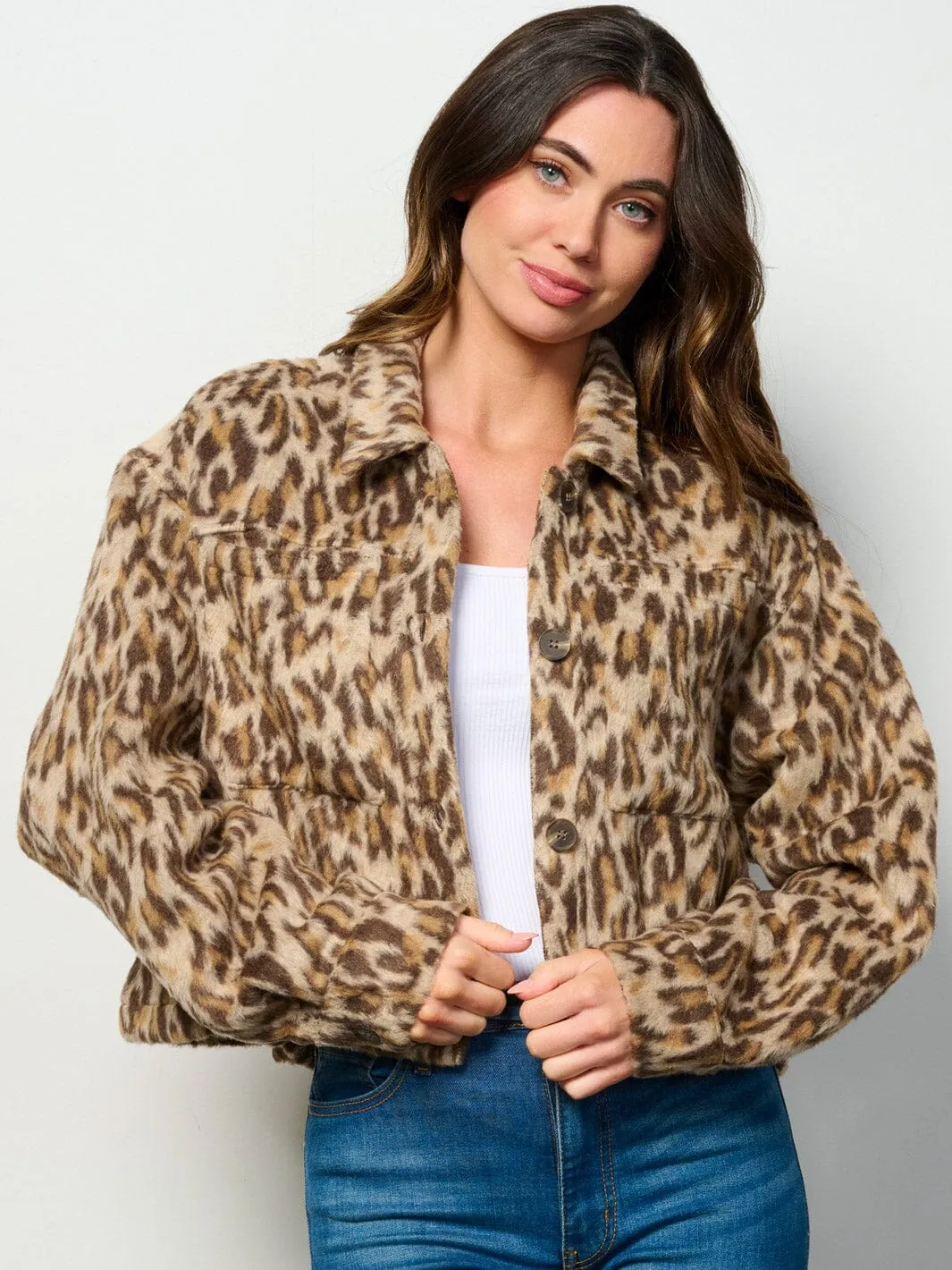 WOMEN'S LONG SLEEVE BUTTON CLOSURE POCKETS ANIMAL PRINT FUZZY JACKET