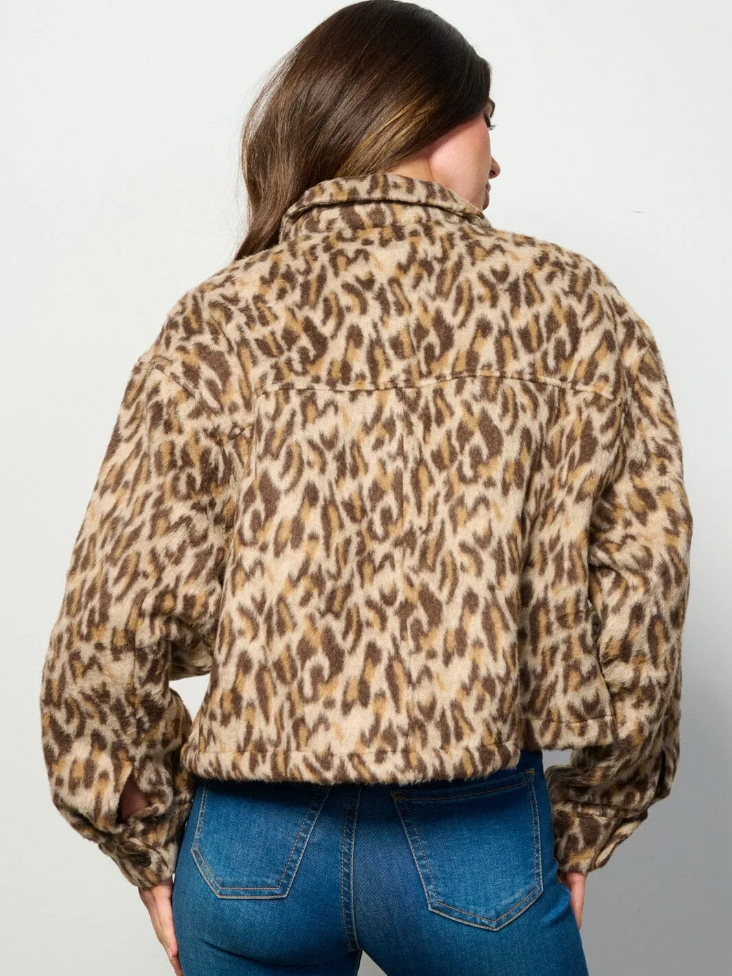 WOMEN'S LONG SLEEVE BUTTON CLOSURE POCKETS ANIMAL PRINT FUZZY JACKET
