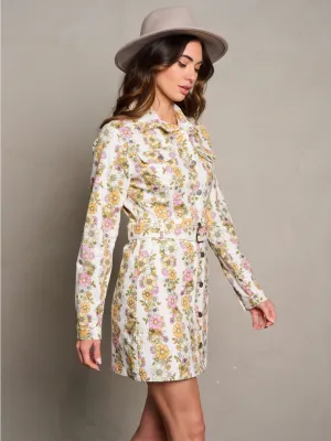 WOMEN'S LONG SLEEVE BUTTON CLOSURE POCKETS BELT FLORAL MINI DRESS