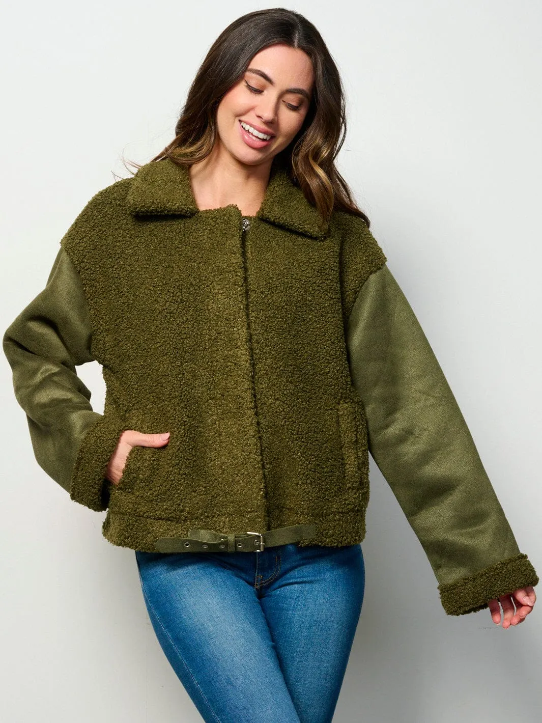 WOMEN'S LONG SLEEVE BUTTON CLOSURE POCKETS SHERPA JACKET