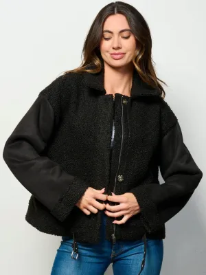WOMEN'S LONG SLEEVE BUTTON CLOSURE POCKETS SHERPA JACKET