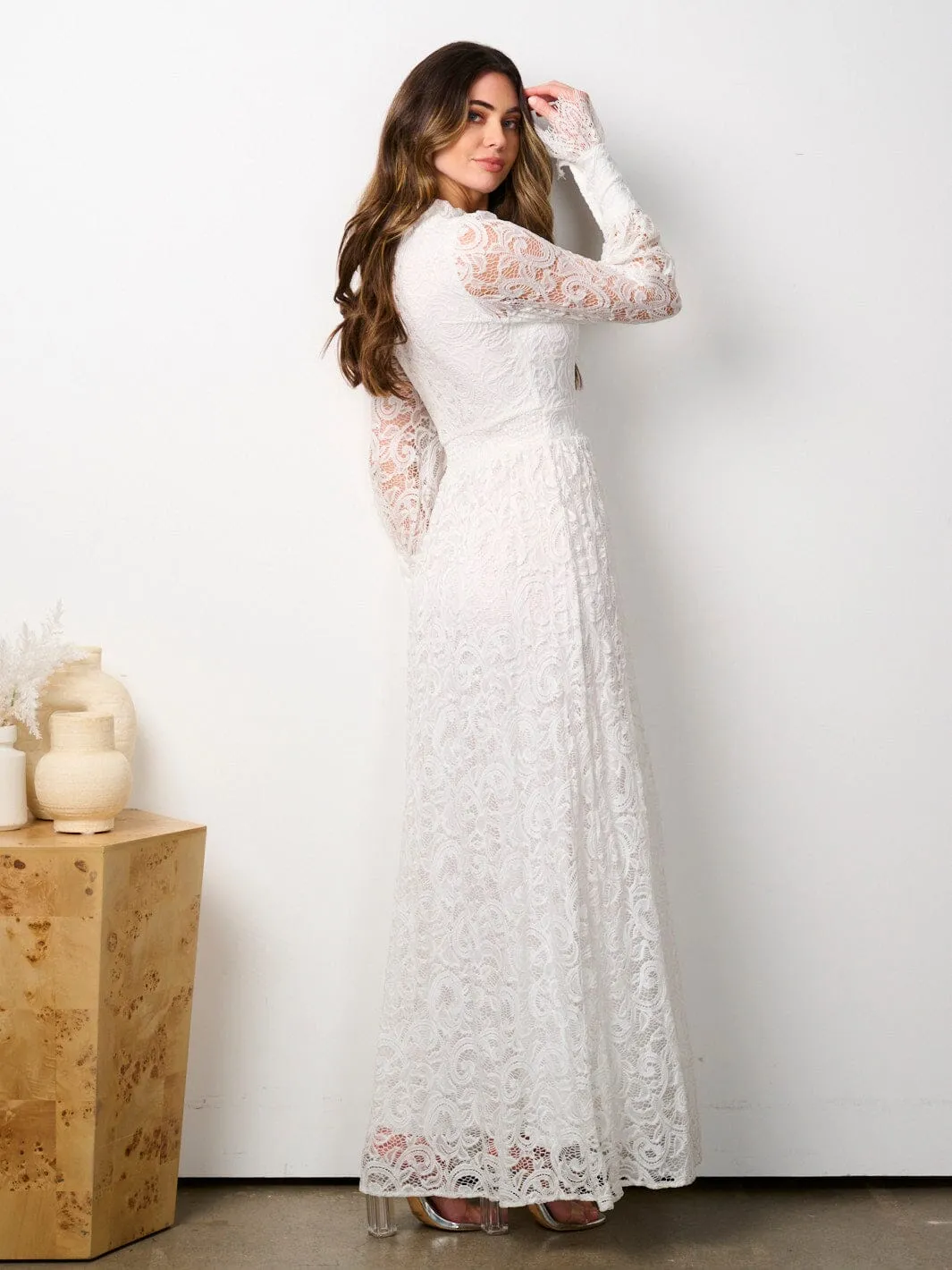 WOMEN'S LONG SLEEVE BUTTON UP ALL OVER LACE MAXI DRESS