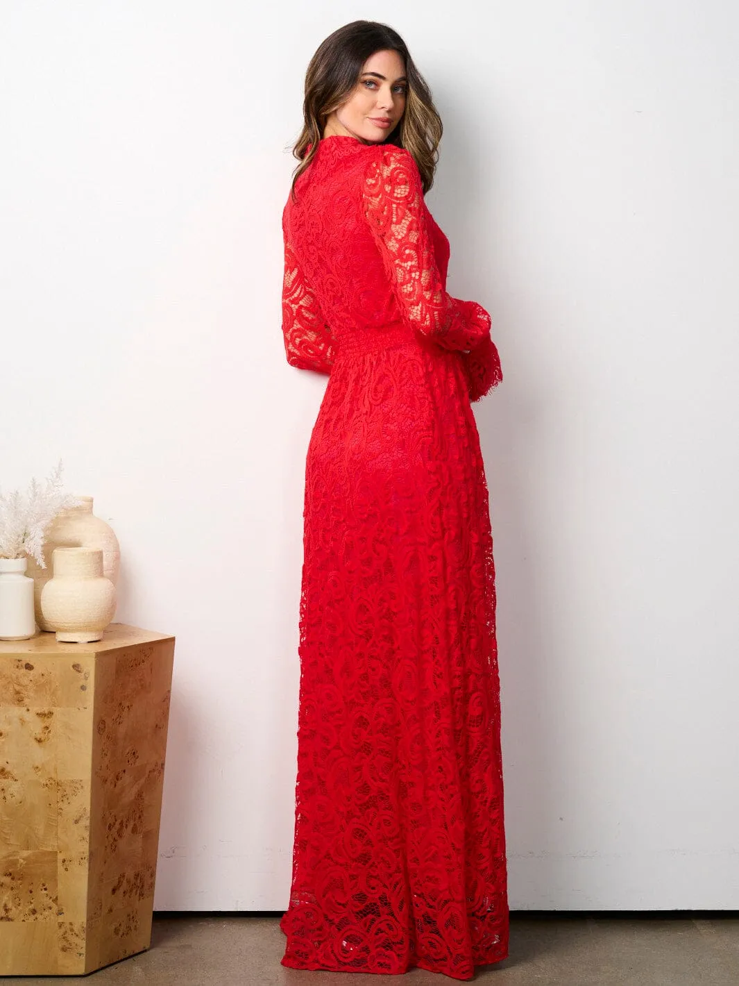 WOMEN'S LONG SLEEVE BUTTON UP ALL OVER LACE MAXI DRESS