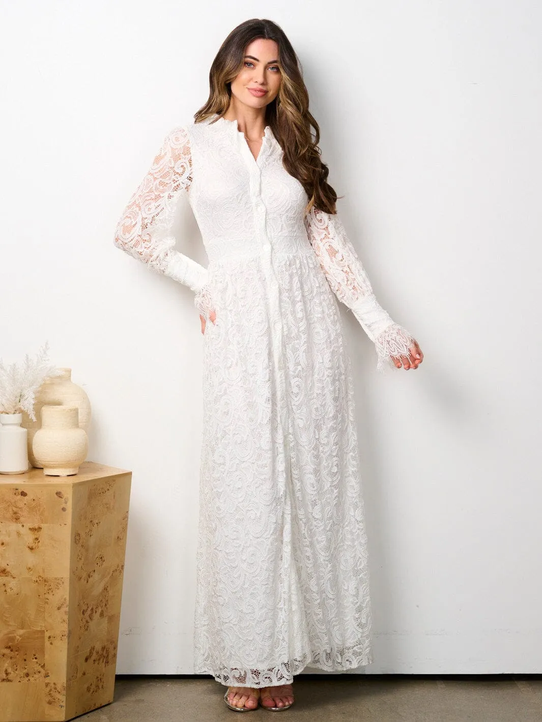 WOMEN'S LONG SLEEVE BUTTON UP ALL OVER LACE MAXI DRESS