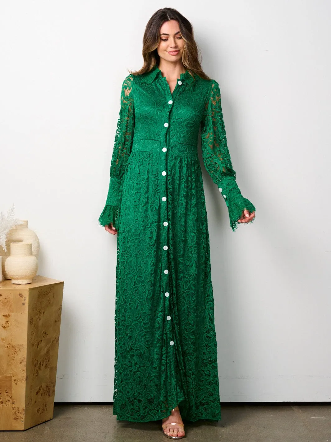 WOMEN'S LONG SLEEVE BUTTON UP ALL OVER LACE MAXI DRESS