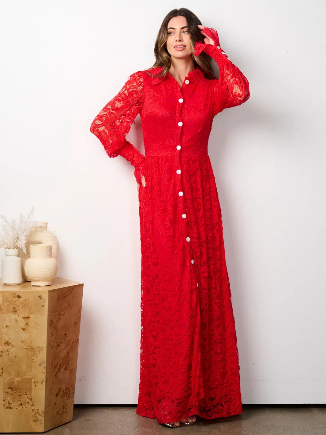 WOMEN'S LONG SLEEVE BUTTON UP ALL OVER LACE MAXI DRESS