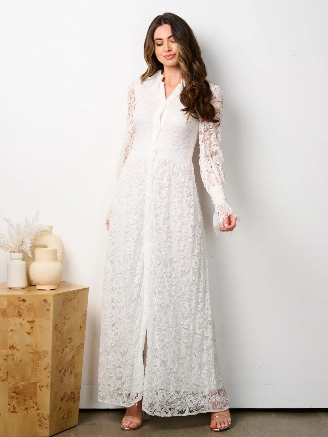 WOMEN'S LONG SLEEVE BUTTON UP ALL OVER LACE MAXI DRESS
