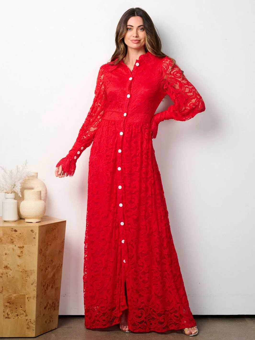 WOMEN'S LONG SLEEVE BUTTON UP ALL OVER LACE MAXI DRESS