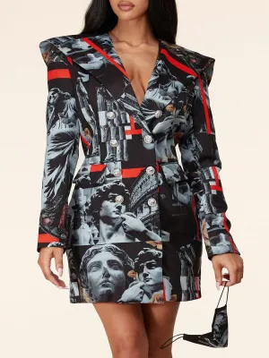 WOMEN'S LONG SLEEVE BUTTON UP ARTWORK PRINT HOODED MINI DRESS