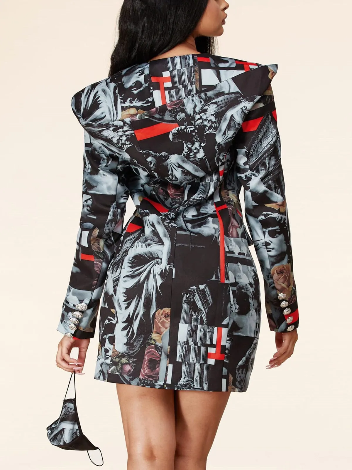 WOMEN'S LONG SLEEVE BUTTON UP ARTWORK PRINT HOODED MINI DRESS