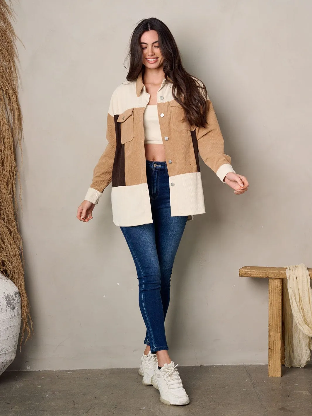 WOMEN'S LONG SLEEVE BUTTON UP COLORBLOCK CORDUROY JACKET
