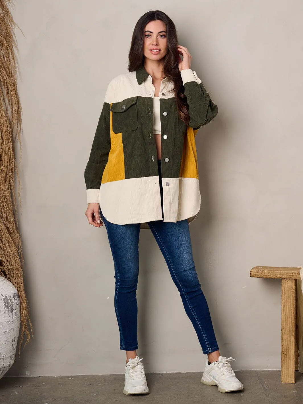 WOMEN'S LONG SLEEVE BUTTON UP COLORBLOCK CORDUROY JACKET