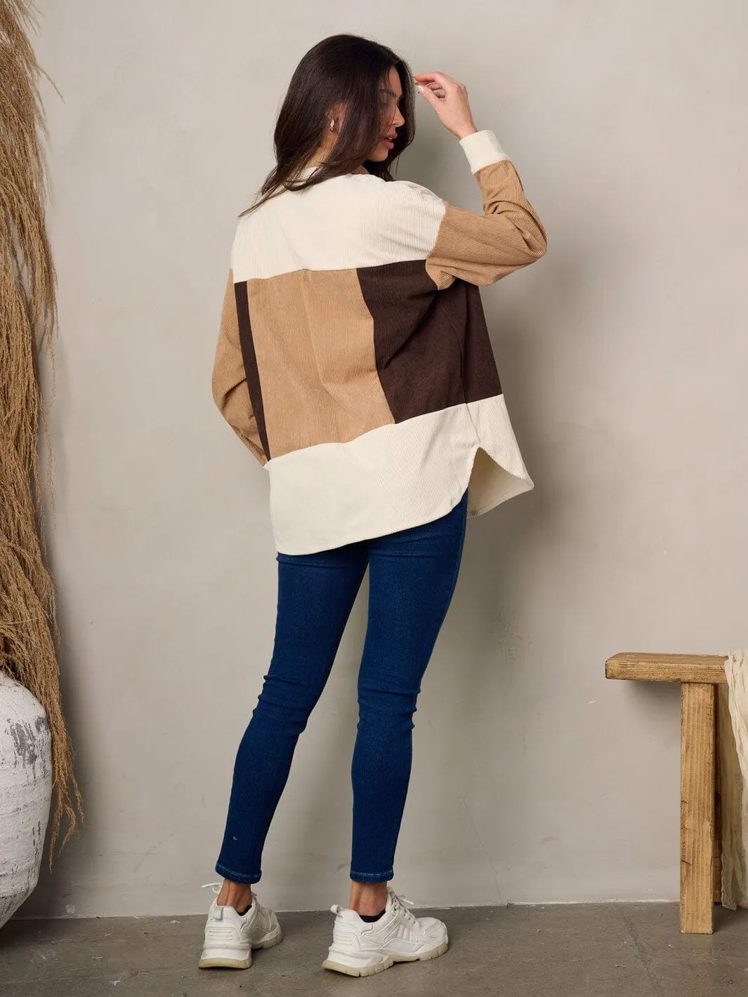 WOMEN'S LONG SLEEVE BUTTON UP COLORBLOCK CORDUROY JACKET